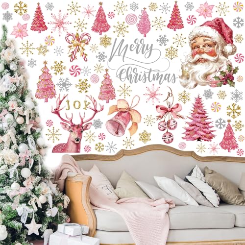 80 Pcs Pink Merry Christmas Wall Sticker Santa Claus Christmas Window Decals Xmas Snowman Poinsettia Flowers Stickers Decor, Winter Snowflakes Holiday Kitchen Party Home Decorations