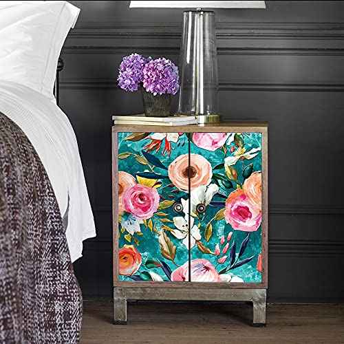 HAOKHOME Floral Peel and Stick Wallpaper Teal Green/Pink Removable Textured for Bedroom Nursery Decorations 17.7in x 6.5ft