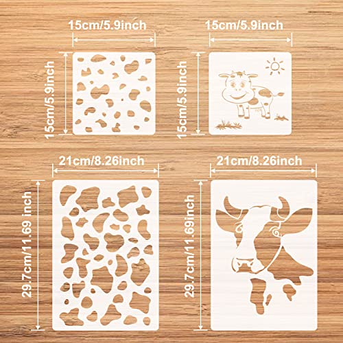 Cow Stencils, 4 Packs Farm Cow Print Stencil for Painting Animal Plastic Stencils ReusableTemplates for Painting on Wood Canvas Paper Fabric Floor Wall Tile DIY Crafts Decor