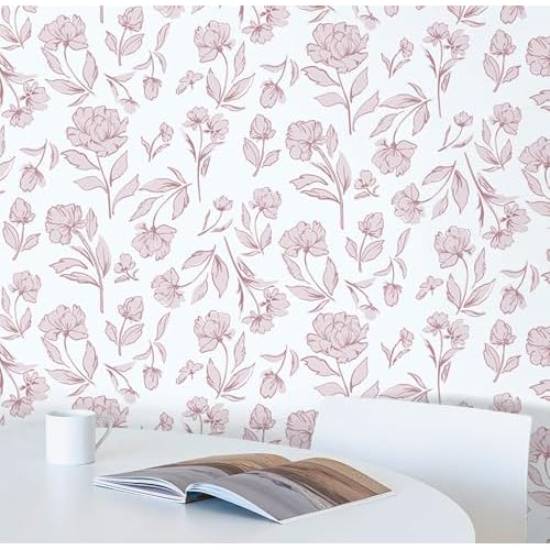 Timeet White and Pink Floral Wallpaper Peel and Stick Modern Removable Self-Adhesive Wall Paper for Bedroom Bathroom Vintage Contact Paper Vinyl Film 17In¡¿78.7In