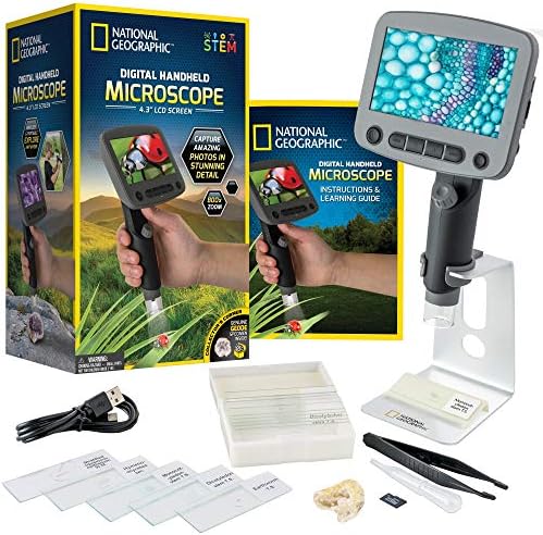 National Geographic Digital Microscope for Kids â 40-Piece Handheld Microscope, Lightweight, Portable, Capture 1080p Photos & Video on Micro SD Card, Tilting 4.3-Inch LCD Screen, 800x Magnification