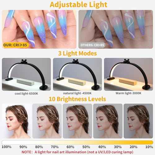 CGBE Half Moon Light for Nail Desk: Extra Large 30.7" Nail Desk Light with Phone Holder - 3 Color Modes & 10 Brightness for Nails, Beauty, Eyelashes, Tattoos - Black