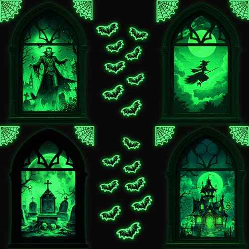 Glow in The Dark Halloween Wall Stickers, Set of 4 Halloween Window Decals, Scary Vampire Witch Castle Tombstone Window Wall Sticker, All Saints' Day Bedroom Playroom Living Room Glass Decoration