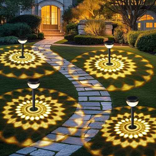 4 Pack Solar Pathway Lights with 2CCT(Warm and Cool) Light Modes,Gift for Mom and Friends,Bright Pattern Solar Decorative Lights Outdoor for Garden,Patio,Pool,Landscape,Pathway,Sidewalk Lawn