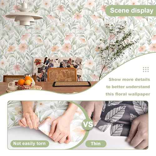 Rugreat Floral Peel and Stick Wallpaper Boho Flower Contact Paper for Cabinets Nursery Contact Paper Leaf Removable Self Adhesive Wallpaper for Bathroom Waterproof Botanical 78.7inL 17.3inW Pink/Green