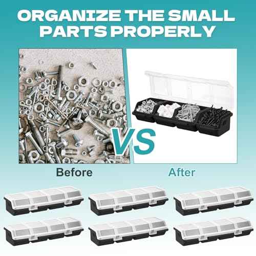 6Pcs Screw Organizers Storage Bins with Lids, Plastic Stackable Hardware Organizer Box for Garage Nails Craft Tool Organizing, Tool Cart Cabinet Workbench Drawers (Black)