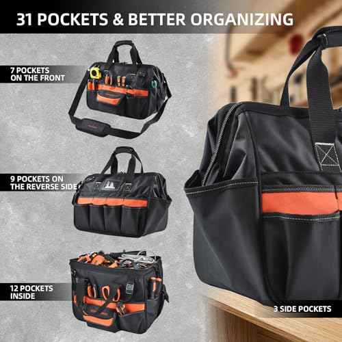 17 Inch Heavy Duty Tool Bag,31-Pockets Portable Tool Box Organizer,Mens Large Open Top Tool Tote for HVAC Electrician (17INCH)