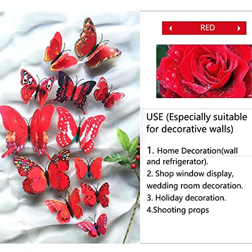CL-Link 24PCS 3D Butterfly Wall Decals Red Double Layer Butterflies Wall Stickers Removable Butterfly Decor for Home Bedroom Kids Room Decor