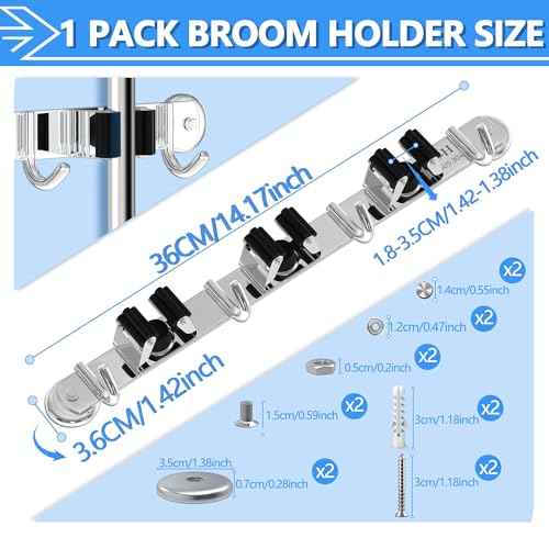 3-H Magnetic Broom Holder Wall Mount 1 Pack, 2-in-1 Dual Mount (No Drill or Screw Fix), 304 Stainless Steel Heavy Duty Magnet Mop Broom Organizer for Kitchen Garden Garage(3 Racks & 4 Hooks,Silver)