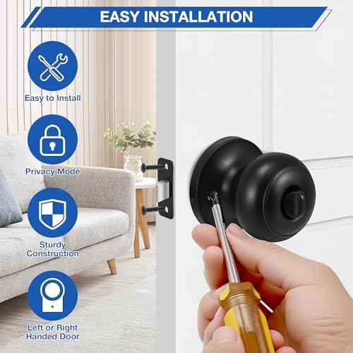 10 Pack Matte Black Door knobs, Keyless Interior Door Locks, Round Ball Keyless Doorknobs with Lock Privacy Door Handle for Bedroom Bathroom
