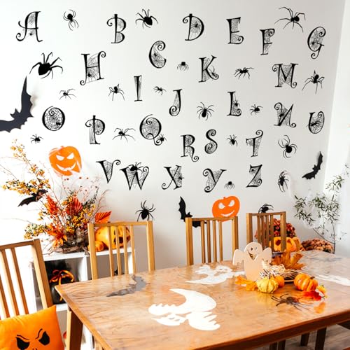 Black Alphabet Spider Web Wall Sticker Halloween Spider Wall Decals Peel and Stick Alphabet Letters for Wall Halloween Decoration for School Home Office Party Supplies Decor