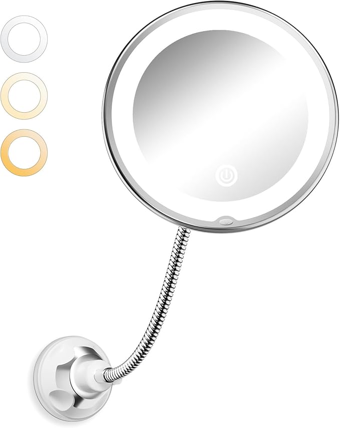 Brightown 10x Magnifying Mirror with Light,Flexible Gooseneck Make up Mirror with Lights and Magnification, Battery Operated with Suction Cups for Wall Bathroom Silver 3 Lighting