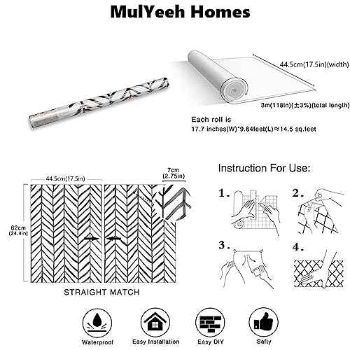 MulYeeh 17.5'' x 118'' Adhesive Peel and Stick Paper Herringbone Black White Wallpaper Removable Wall Covering Prepasted Decorative