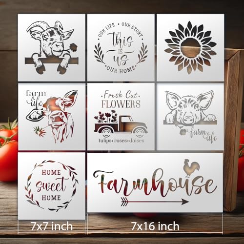 Farmhouse Stencil Set ? 8-Piece DIY Rustic Craft Kit with Reusable Farm-Themed Templates for Painting, Wood Signs, and Country Home Decor