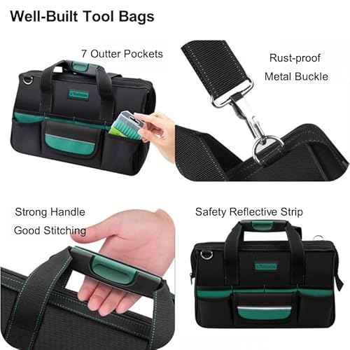 Tool Bag Heavy Duty 16.5-Inch with 16 Pockets Portable Handle Adjustable Shoulder Strap Waterproof Wide Mouth Tools Storage Organizer Carry Tote Box for Craftsman Electrician Mechanic (16.5-Inch)