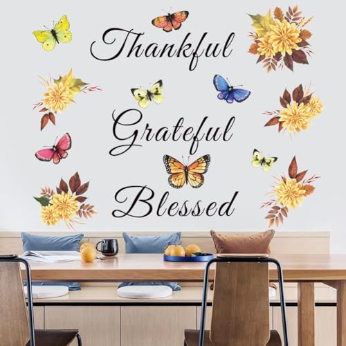 Inspirational Wall Decal Quote Grateful Thankful Blessed Wall Decor Removable Peel and Sticker Vinyl Wall Paper Wall Sticker for Kitchen Dining Room Living Room Bedroom.