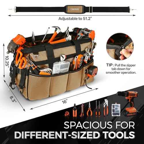 COMOWARE 16" Tool Bag, 19-Pocket Heavy Duty Tool Organizer with Adjustable 51.2" Shoulder Strap, 1680D Oxford Fabric & PVC Coating, Reflective Strips, Tactical Loops, Mechanics, Plumbers, DIY