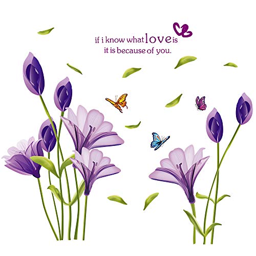 LiveGallery Beautiful Lovely Lily Flowers Wall Decals Removable DIY Butterfly Flower Vines Art Decor Wall Stickers Murals for Living Room TV Background Kids Gilrs Rooms Bedroom Decoration (Purple)