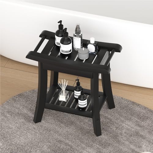 Bamboo Shower Bench Stool with Storage Shelf Small Shower Chair Seat for Inside Shower 19 x 10 x 18 Inches Black
