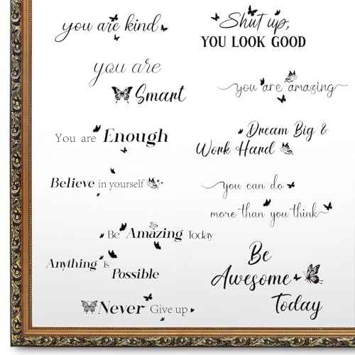 Geyoga 12 Pcs Inspirational Quote Mirror Decals Vinyl Positive Saying Affirmations Mirror Stickers Motivational Window Decals Peel and Stick for Home Office Staff Bathroom Wall Art(Butterfly)