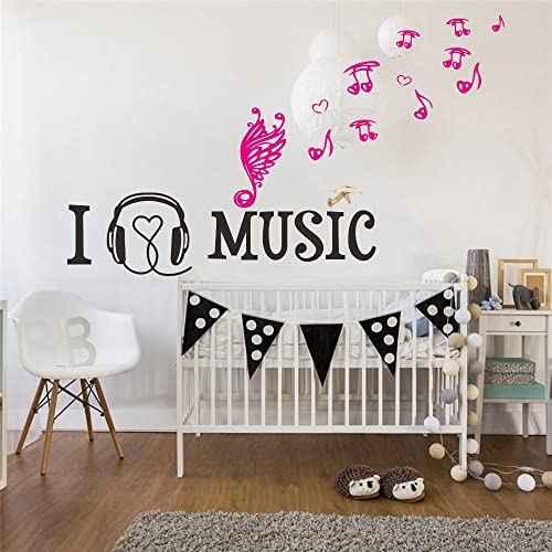 Music Lovers Wall Decal with Headphones and Musical Notes - Removable PVC Wall Art for Studio, Living Room, Teen Bedroom, or Nursery - Creative Size 44"x26" JWH183 (Black Headphones + Blush Notes)