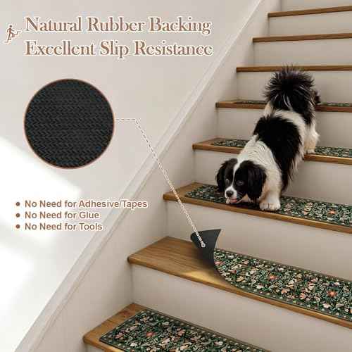 OJIA Floral Stair Treads Non-Slip Stair Runner for Wooden Steps Indoor 15PCS 30"x8" Carpet Stair Treads Stair Mats Staircase Step Treads for Kids, Elders and Dogs, Stair Covers, Black