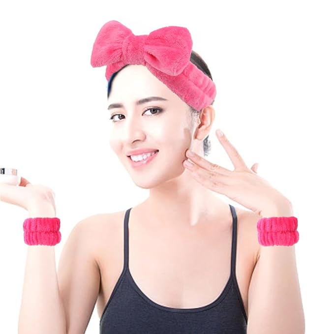 SPA Headbands for Washing Face Makeup Headbands with Bow Hair Band Women Facial Head Band Laurel Wrist Towel Wraps For Shower Face Mask Red Pink, 12 Pack