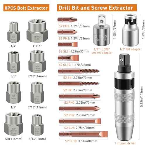 12PCS 3/8" Hand Manual Impact Driver and 8PCS 3/8" Bolt Extractor, XEWEA Reversible Impact Screwdriver Slotted,Phillips,Hexagonal Bit, for Removing & Fasteners Damaged, Rusted Screw Bolt
