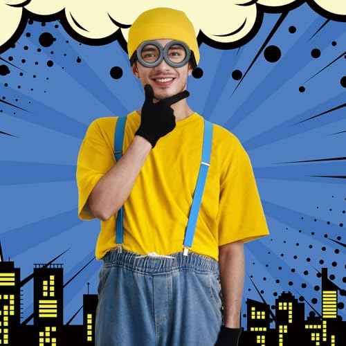 4Pcs Costume Accessories Adult Steampunk Goggles Glasses Blue Y-Back Suspenders Yellow Beanie Hats Black Gloves Perfect for Birthday Party and Halloween Cosplay Party