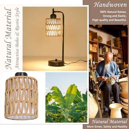 Rattan Table Lamps for Living Room Set of 2, Boho Bedside Lamps with LED Bulbs, USB Charging Ports and Outlet, Farmhouse Nightstand Lamp with Woven Shade, Black Desk Lamp for Bedroom Office