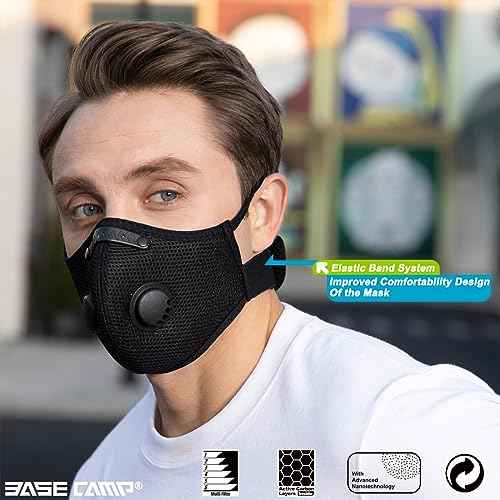 BASE CAMP Upgrade M Plus Dust Mask 2 Pack, Breathable Reusable Dust Face Mask with 6 Activated Carbon Filters for Woodworking Construction Mowing Grinding