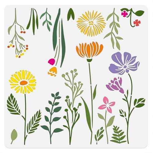 Wildflower Wall Stencil Templates 11.8 x 11.8 Inch Reusable Floral Stencils for Painting on Wood Wall Floor Fabric Furniture, DIY Home Decor Craft Stencil