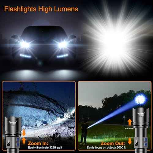 Rechargeable Flashlights High Lumens, LED Flashlight 10000 Lumens, Super Bright High Powered Flashlights, Long Rang 5000 FT, 2 Switch, Powerful Flashlights for Home Emergency Camping