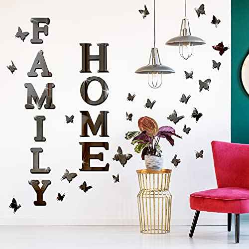 Outus 3D Family Home Sign Letters Living Room Decor Family Rustic Farmhouse Wall Decor Acrylic Mirror Decorative Butterfly Mirror Wall Sticker Decals for Living Room Bedroom Kitchen (Black)