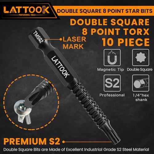Double Square 8 Point Torx Star Bit Set, Magnetic S2 Steel, 10PCS 2 Square Drive Bits for Trailer, 2.3'' Long, #1, #2, #3