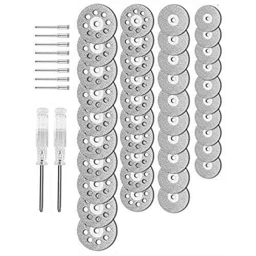 40Pcs Diamond Cutting Wheel Kit 545 Cut Off Discs Coated for Rotary Tools with 8 Pcs 3mm Mandrel and 2 Pcs Cross Crystal Screwdriver for Cutting Gem Stones, Ceramics, Glass (25/22/18/16mm Each 10Pcs)
