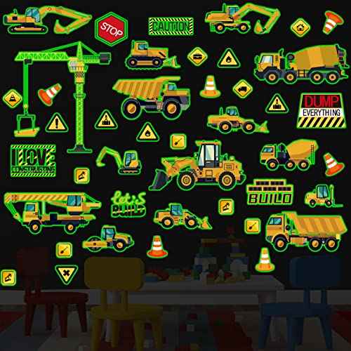 Glow in The Dark Construction Wall Decals, 39 Pcs Luminous Cartoon Wall Stickers Decals Glowing Self-Adhesive Truck Car Excavator Stickers for Ceiling Decor Nursery Bedroom Playroom Decor Boys Gifts