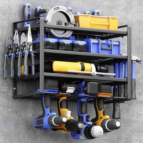 Garage Power Tool Storage System, Wall Mounted Power Tool Storage Organizer, Heavy Duty Power Tool Organizer, Power Tool Rack. Load capacity is 150 lbs, black rust resistant with 8 hooks.