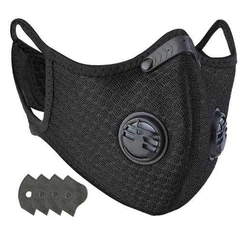 BDL Sport Mask with Exhalation Valves, Carbon Reusable with 4 Filters Personal Protective Adjustable Nylon Dust Sport Mask