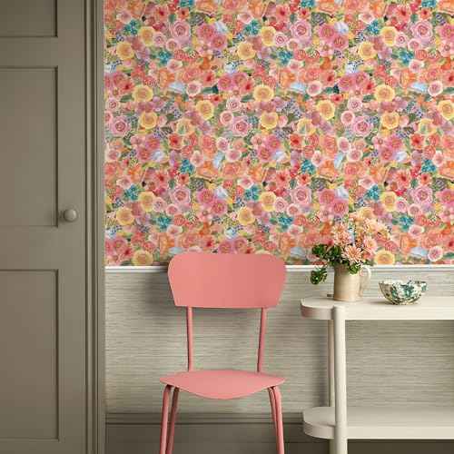 Simon&Siff Floral Peel and Stick Wallpaper 17.3"x80" Pink Watercolor Flowers Wall Murals Removable Wall Paper for Bedroom Bathroom Cabinet Renter Friendly