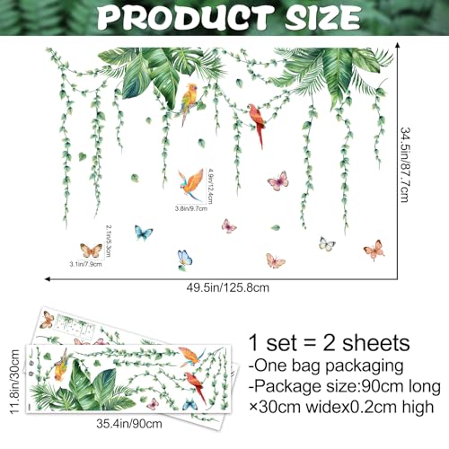 Removable Tropical Leaves Wall Decals Vinyl Hanging Vines Green Plants Wall Stickers Peel and Stick Jungle Safari Mural Art Decor for Nursery Classroom Bedroom Office Sofa Background