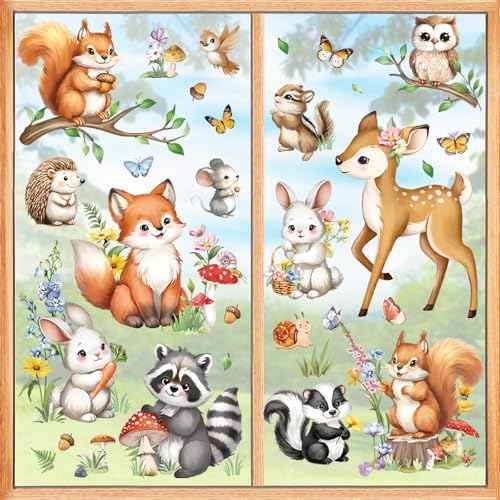 decalmile Woodland Animals Double Sided Window Clings - Forest Animal Window Decals with Deer, Fox, Squirrel, Raccoon