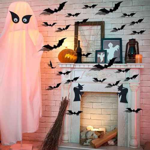 48 Pcs 3D Bats Wall Decals - Removable Rose Pink & Black Designs DIY Halloween Decorations for Party Indoor Home Kitchen Bedroom