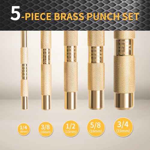 5-Piece Premium Brass Punch Set - Heavy-Duty Non-Marring Repair Tool Kit (1/4", 3/8", 1/2", 5/8", and 3/4") Replacement for 67003-MAI 045256670034 | Automotive, Industrial & DIY Use