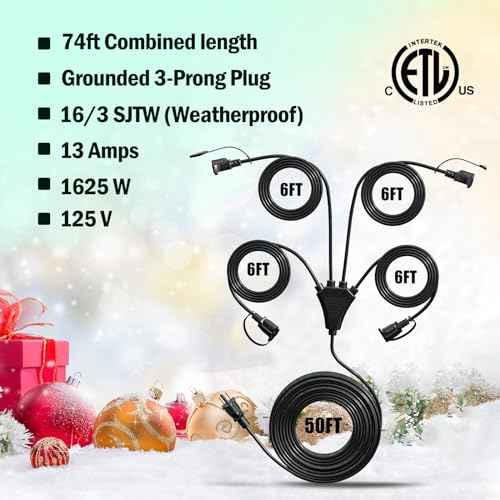Eversimpleinc Black 1 to 4 Splitter Extension Cord (Combined 74 FT, End to End 56 FT), 3 Prong Plug with 4 Extended Outlets, with Weatherproof Covers for Indoor and Outdoor