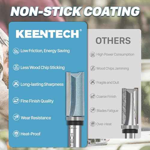 KEENTECH Router Bits 1/4" Shank, Flush Trim Router Bit, Top Bearing Carbide Tipped Pattern Bit, Template Straight Heavy Duty Woodworking Trimming Cutting Tool for Wood, 1/2" Diameter, 1-1/2" Depth