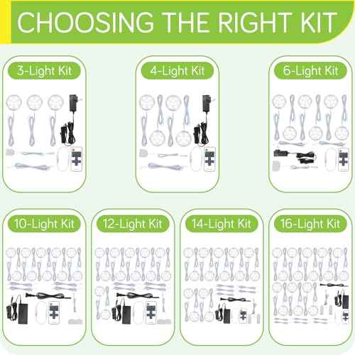 Under Cabinet LED Puck Lights Kit, Kitchen Hutch Shelf Lighting, Parallel Connection, 120VAC Wall Plug & Hardwired, Remote Control Dimmable, Warm White, 16 Lights