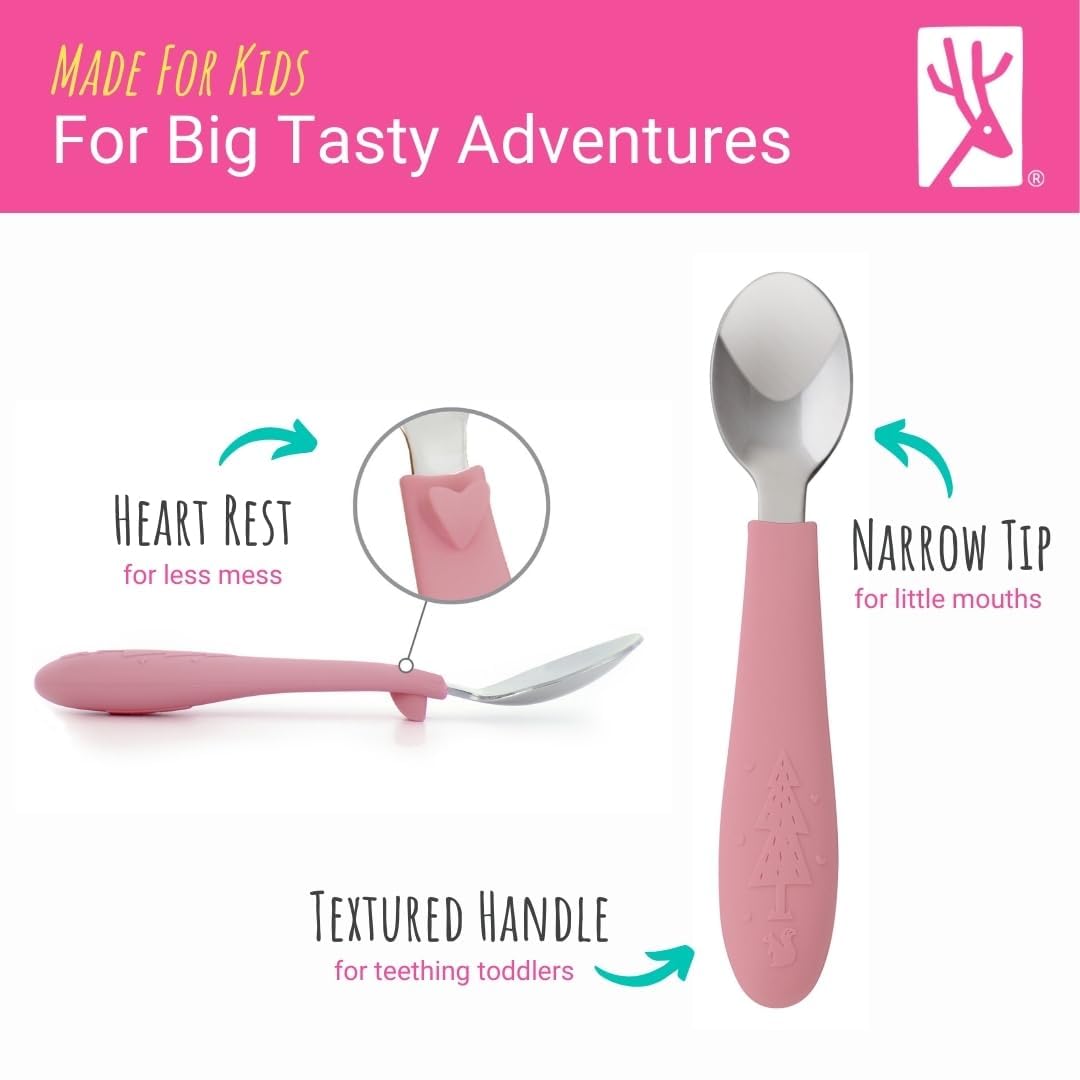 Elk and Friends Kids Silverware with Silicone Handle | Childrens Safe Flatware | Toddler Utensils | Baby Spoons + Forks | Stainless Steel Cutlery | Dishwasher Safe | 6 Pieces