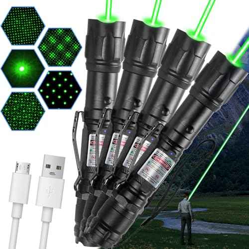 [4 Packs] Green Light Flashlight Rechargeable, Long Range Adjustable Focus Tactical Beam for Outdoor Journeys, Camping, Presentations, TV/LED/LCD Screens, and Stargazing