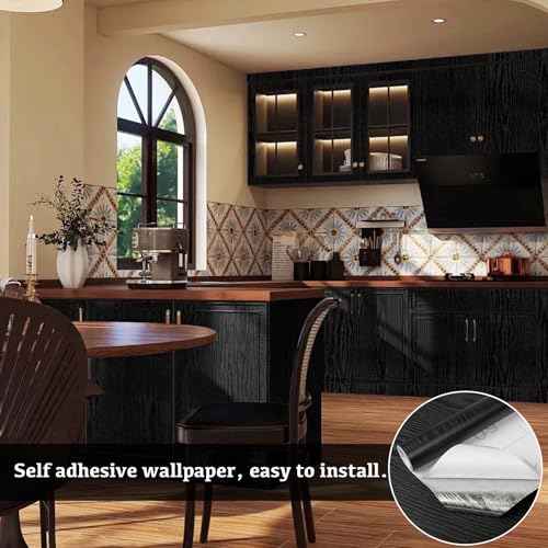 Abyssaly Black Wood Grain Contact Paper Peel and Stick Wallpaper Wooden Look Self-Adhesive Thicken Wallpaper Vinyl Wrap for Cabinets Countertops Shelf with Scraper, Paper Cutter 17.7" x 118"